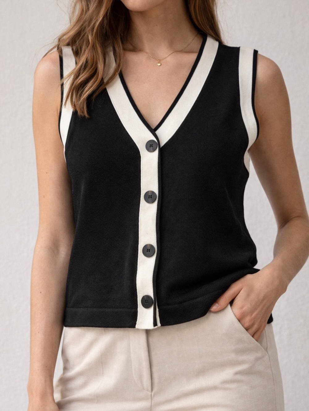 Black and white  Button Front Knit Vest